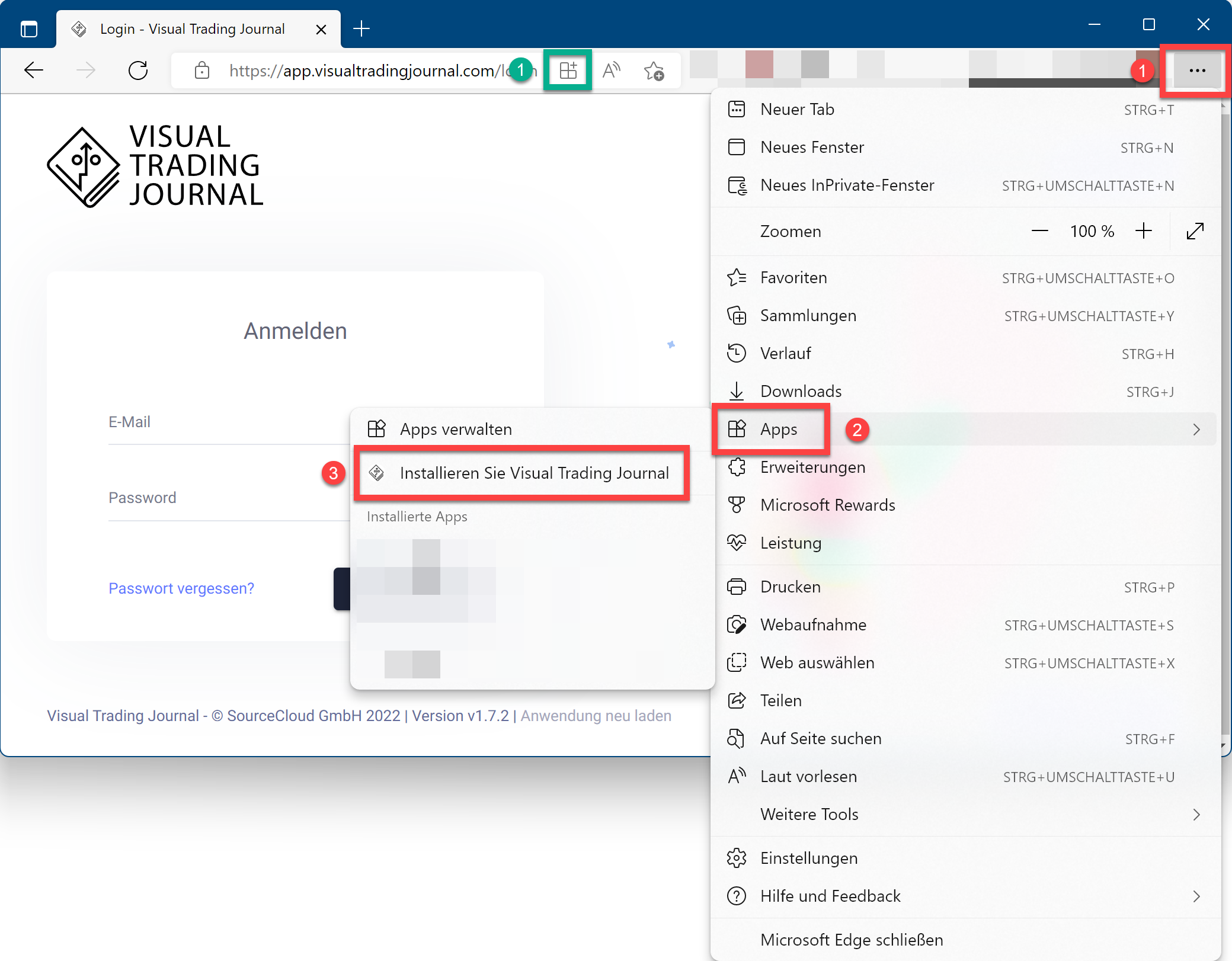 Visual Trading Journal über Microsoft Edge als App installieren