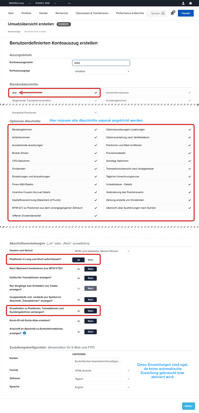 Einstellungen des Kontoauszugs