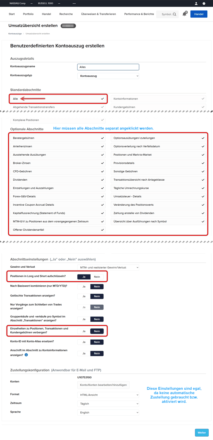 Einstellungen des Kontoauszugs